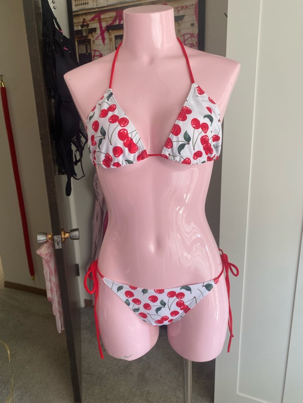 Cherry Print Triangle Tie Bikini - Red & White